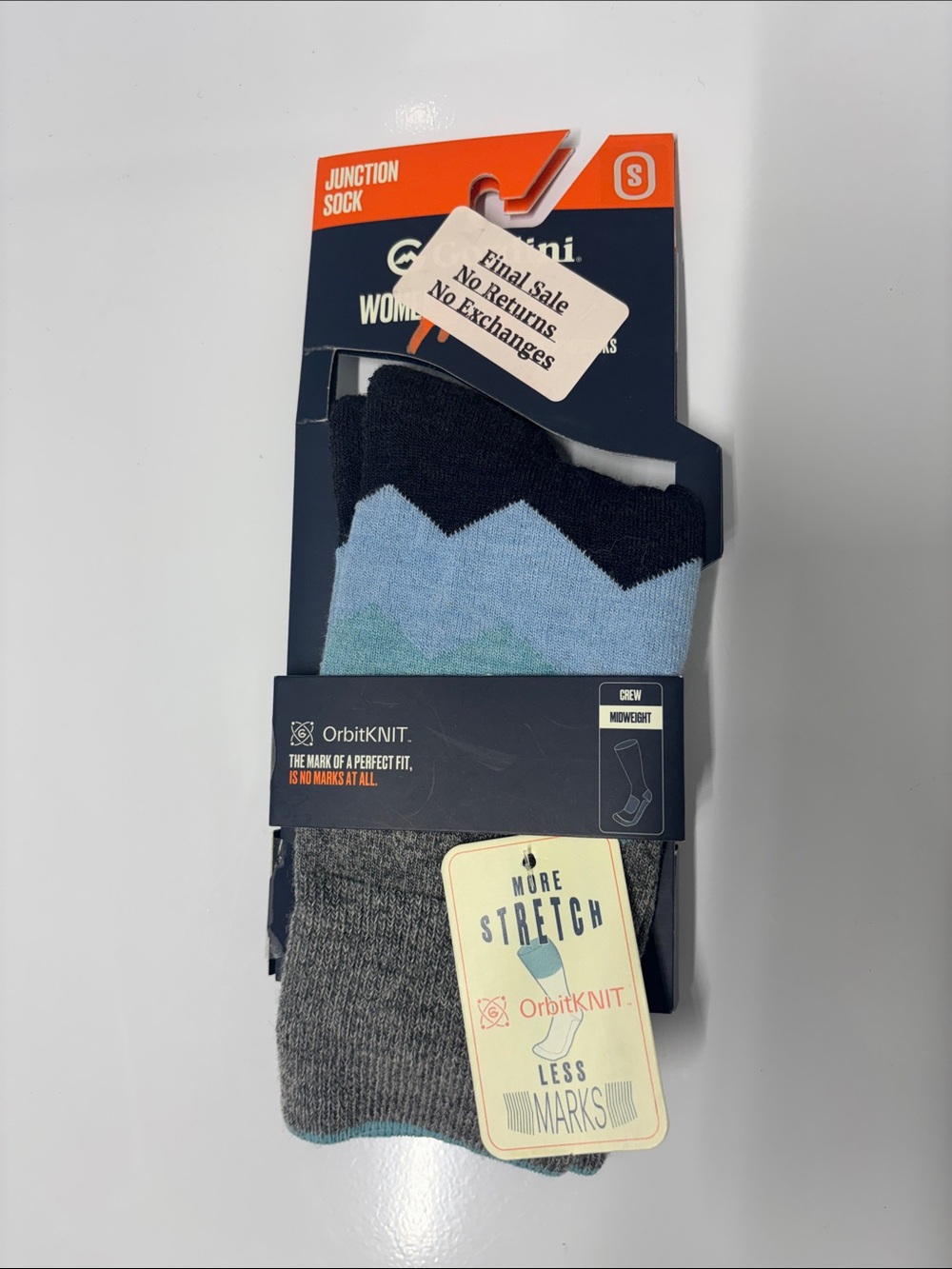 Gordini junction crew sock midweight gray navy size small NWT